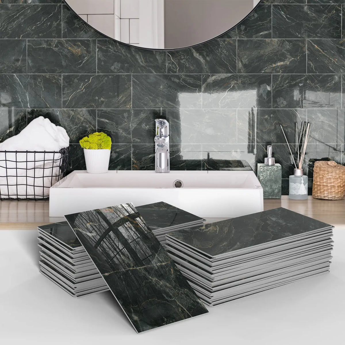 A display of stacked dark green marble self-adhesive wall stickers used as 3D tile decals in a bathroom setting.