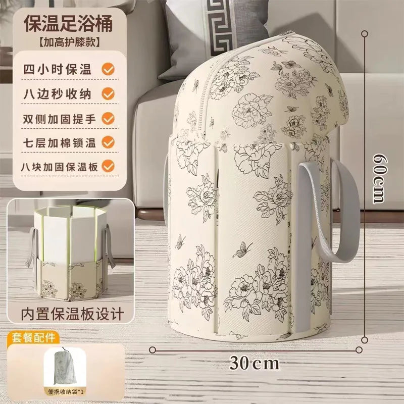 A beige foldable calf-height foot soaking tub with a lid shown next to a sofa and various features listed.