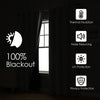 A set of black blackout curtain panels with various protection features listed on the right side.