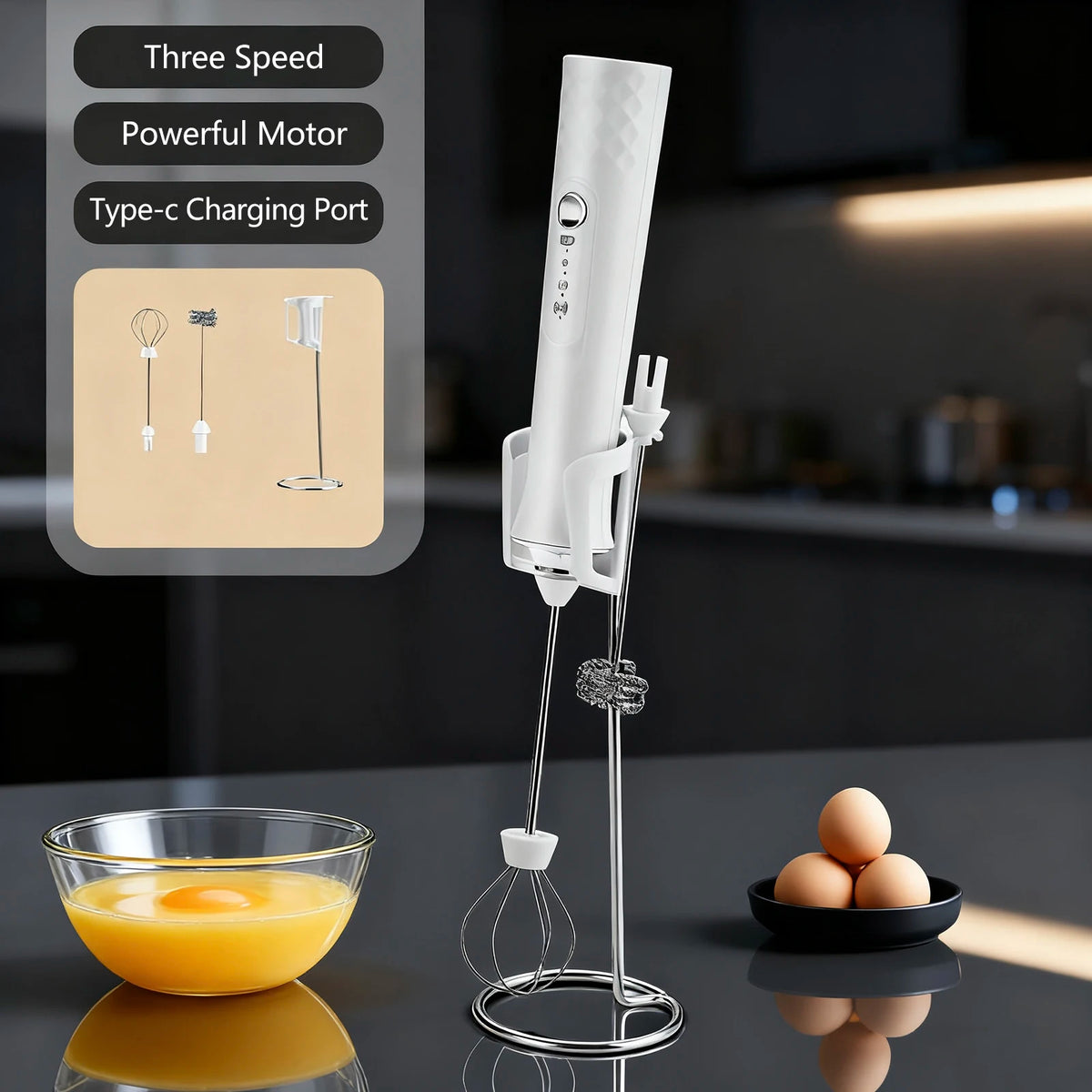 A white rechargeable handheld milk frother is shown next to a bowl of orange juice.