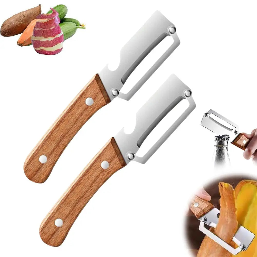 A wooden-handled multi-function peeler with a blade and bottle opener shown next to a piece of fruit.