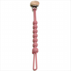 A pink silicone pacifier clip with an anti-lost chain and a wooden top.
