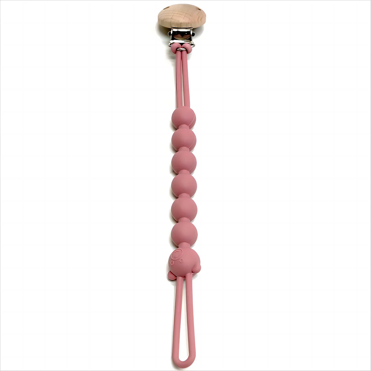 A pink silicone pacifier clip with an anti-lost chain and a wooden top.