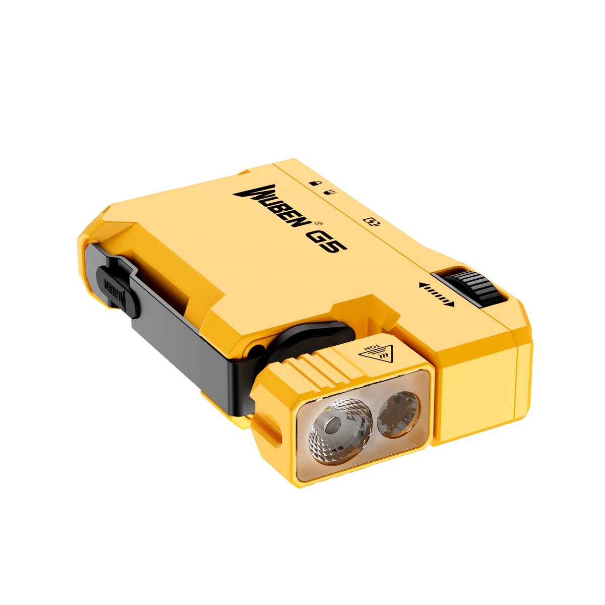 A yellow Wuben G5 compact rechargeable flashlight with a black grip and lens visible from the side.