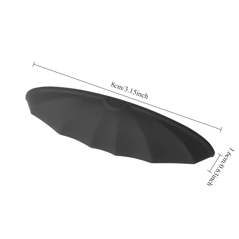 A black universal car rear camera rain shield with dimensions 8cm/3.15inch and 16cm/6.3inch.