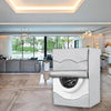 A white waterproof washing machine cover with a silver sun protection element is displayed in a modern interior setting.