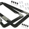Black carbon fiber license plate frame with mounting screws and hardware.