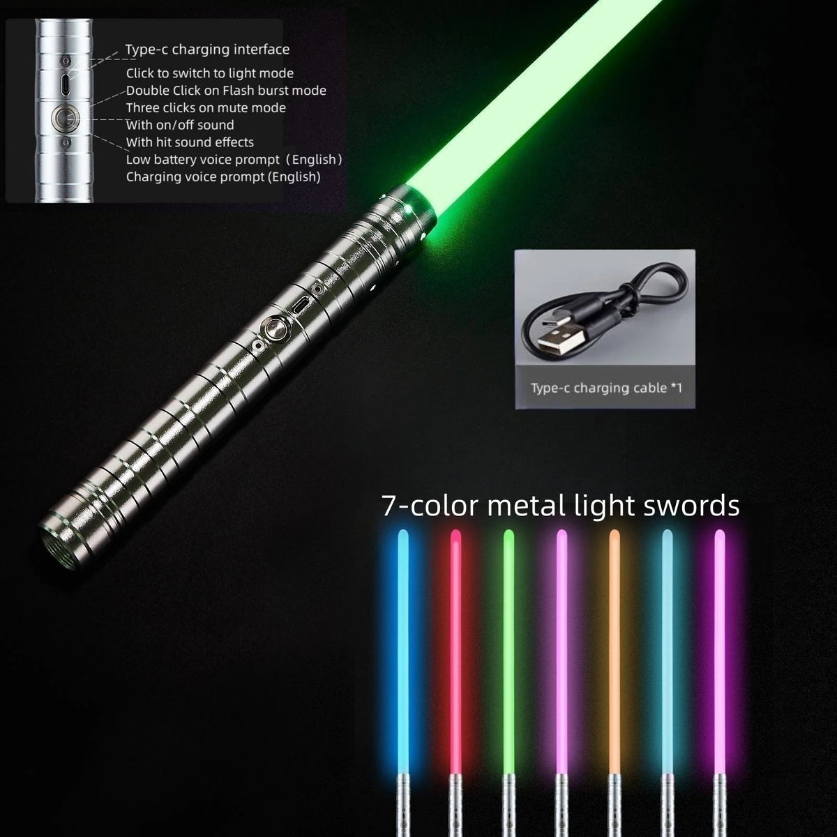 A close-up view of a 7-color metal light sword with an LED blade and charging interface details.