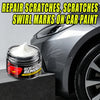 A jar of scratch remover wax is shown next to a silver car body and a tire, demonstrating its use for repairing swirl marks o