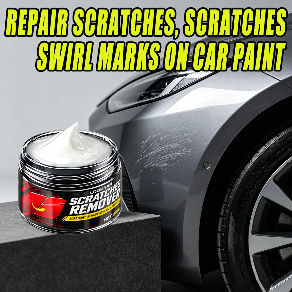 A jar of scratch remover wax is shown next to a silver car body and a tire, demonstrating its use for repairing swirl marks o