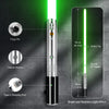 A vertical lightsaber with a glowing blade and various ports is shown against a dark background.