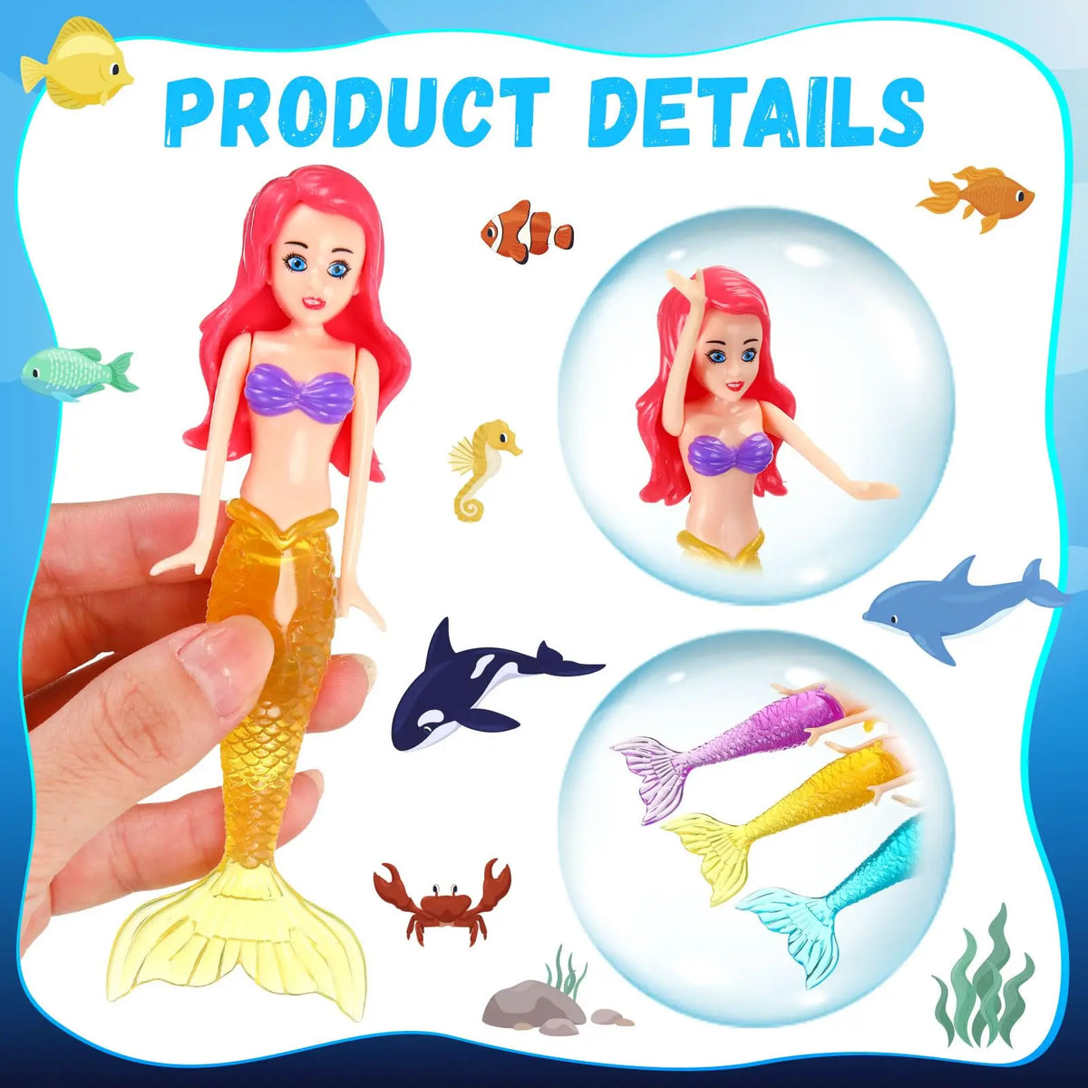 Colorful mermaid dive toys featuring a mermaid figure, a fish, and various sea creatures.