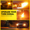 Close-up images showing an upgraded amber LED turn signal light for a vehicle headlight.