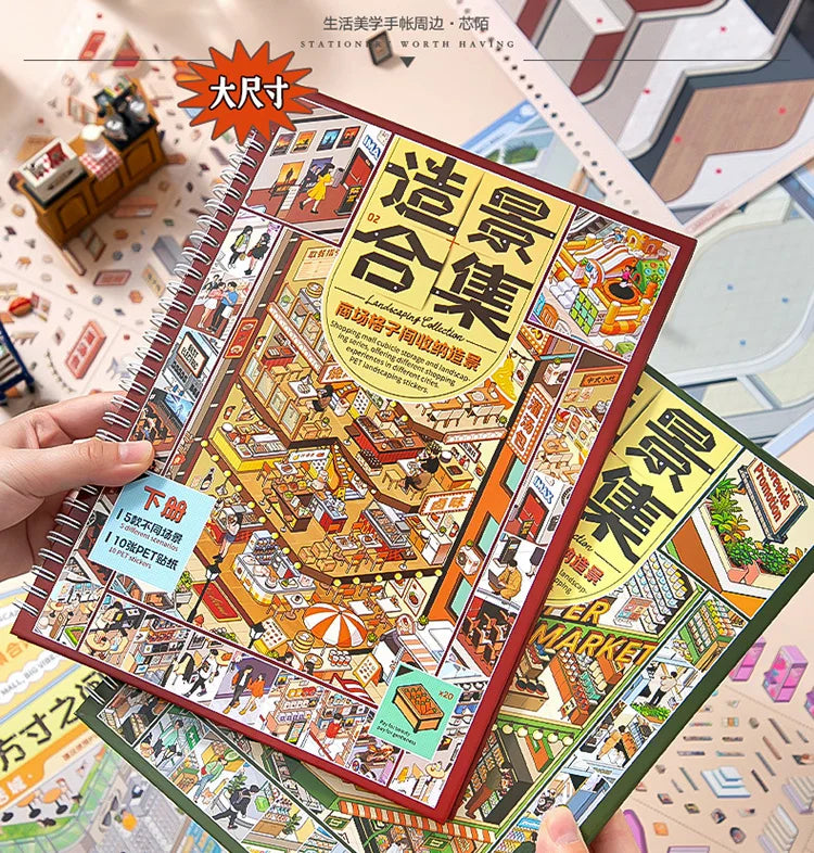 A hand holds a colorful sticker set featuring detailed 3D house scenes for scrapbooking and DIY crafts.