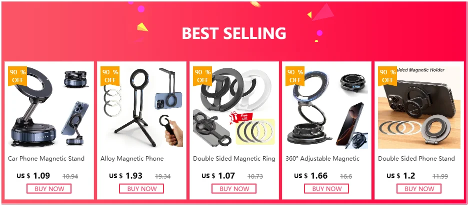 A collection of magnetic phone accessories including stands, rings, and holders for various devices.