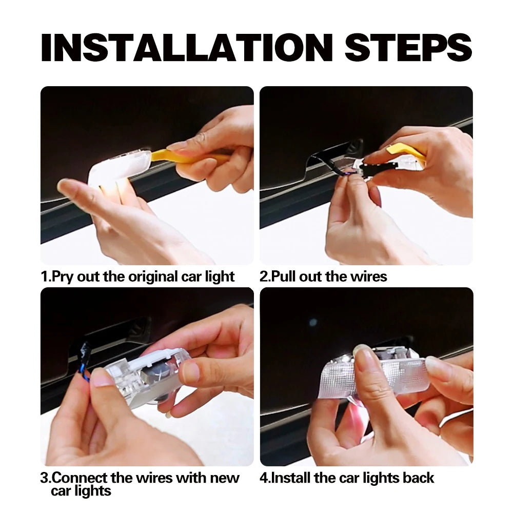 Installation steps showing how to pry out, pull out, connect, and install LED car lights.