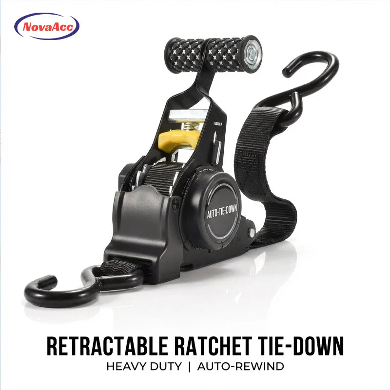 Black retractable ratchet tie-down straps with textured handles and auto-tie-down feature.