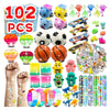 A collection of 102 pieces of sensory fidget toys and stickers including balls, spinners, and various colorful items for kids