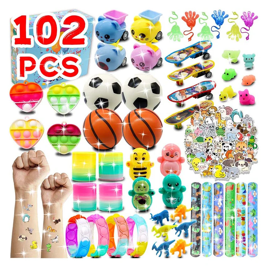 A collection of 102 pieces of sensory fidget toys and stickers including balls, spinners, and various colorful items for kids