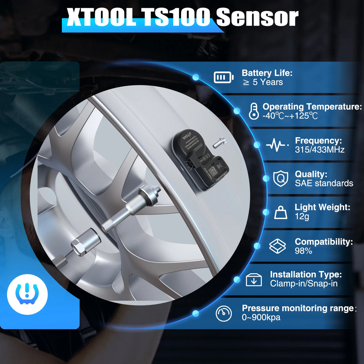 Close-up view of an XTOOL TS100 sensor for a vehicle, showing its design and specifications.