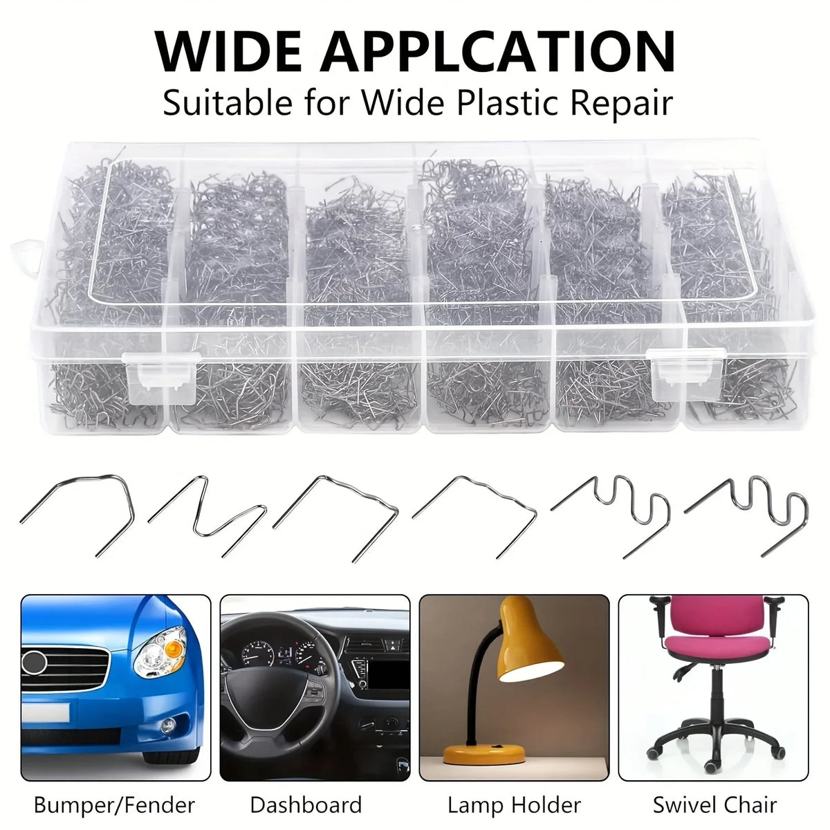 Staple welding kit with storage box for plastic bumper repair showing various tools and a swivel chair