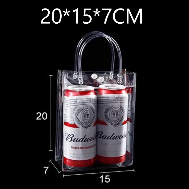 Transparent PVC gift tote bags with hand loops, showing dimensions 20x15x7cm.