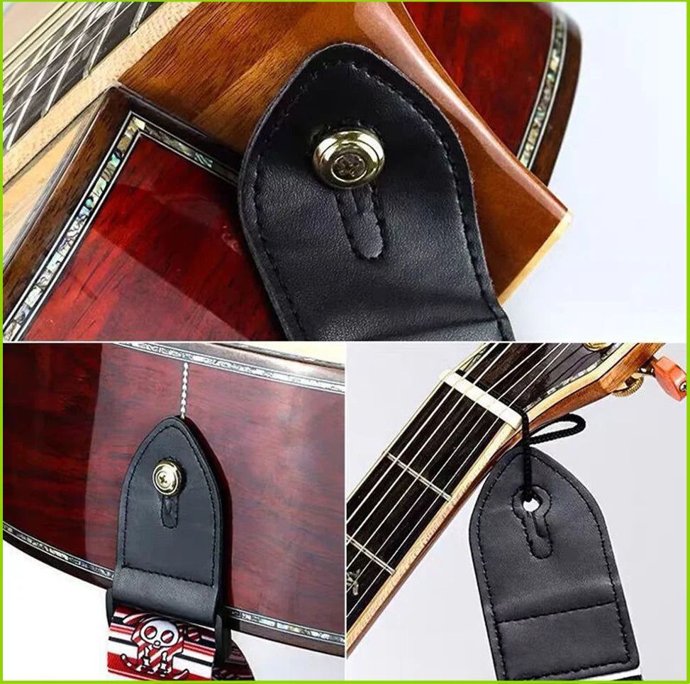 A vintage guitar strap featuring a cross pattern design and a leather pick pocket detail.