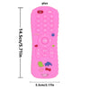 A pink silicone baby teether toy shaped like a TV remote with numbered buttons and functions.