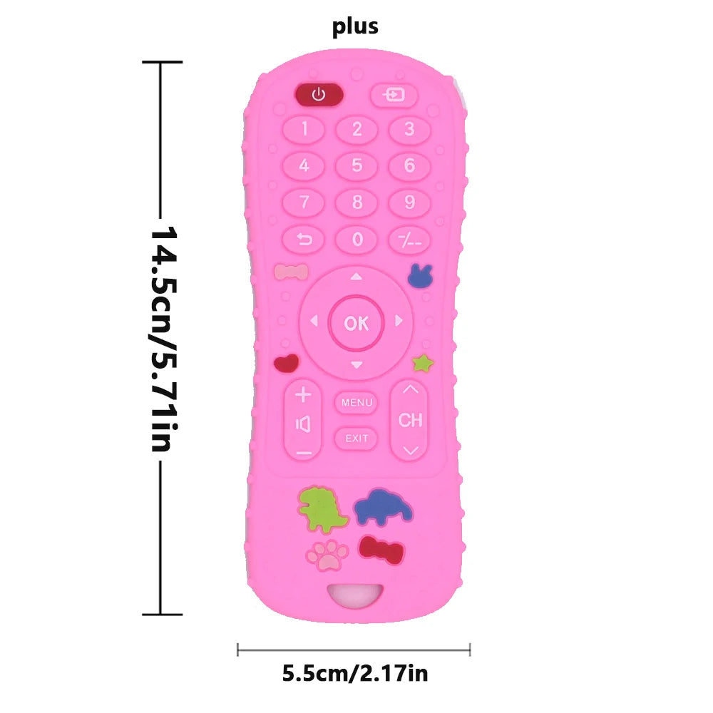 A pink silicone baby teether toy shaped like a TV remote with numbered buttons and functions.