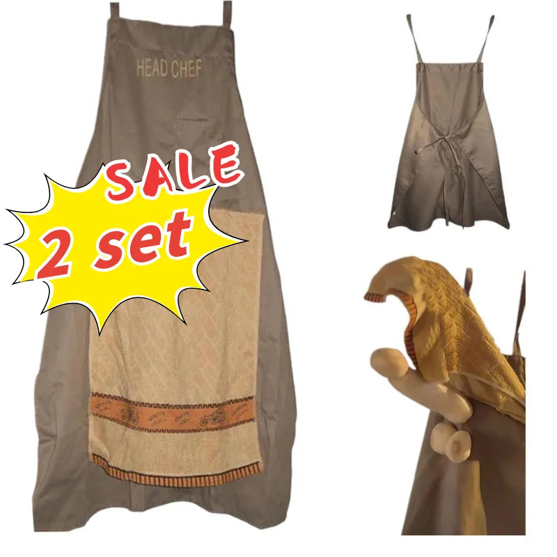 A gray chef apron with a hidden pocket, shown alongside a yellow megaphone.