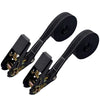 A set of two black heavy duty ratchet tie down straps with coiled webbing.