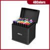 A black storage box containing 48 alcohol art markers in various colors, shown open.