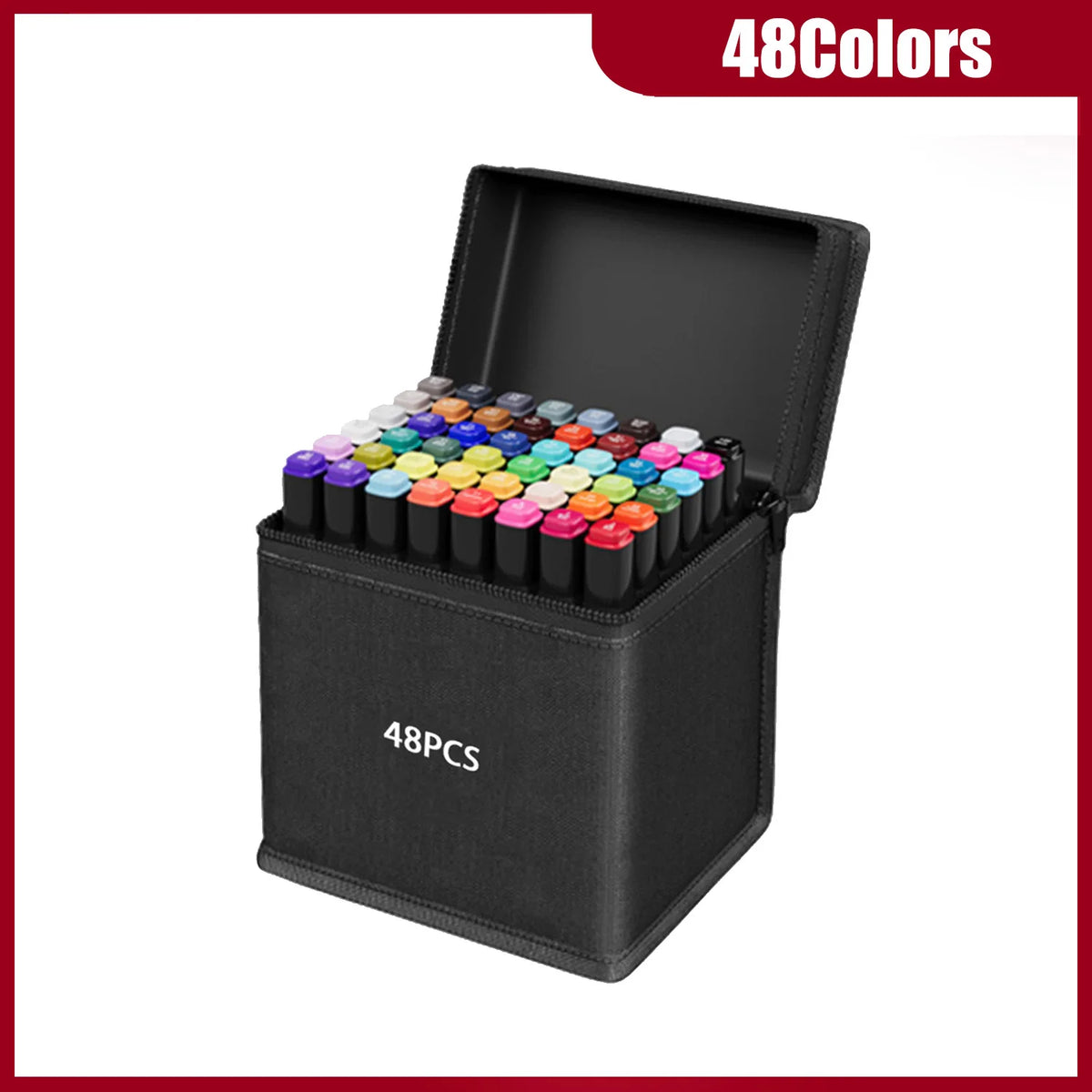 A black storage box containing 48 alcohol art markers in various colors, shown open.