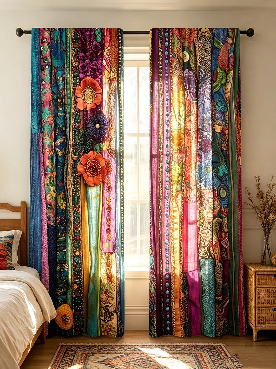 A set of two colorful boho ethnic patchwork print curtains hanging in a bright room.