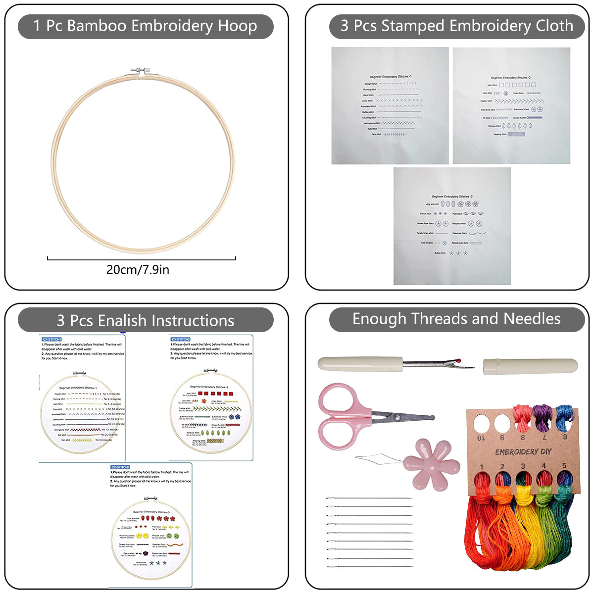 Embroidery Stitch Practice Kit with 30 Stitches for Beginners