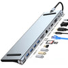 Silver 12-in-1 USB-C docking station featuring multiple ports including HDMI, USB, and SD card readers.