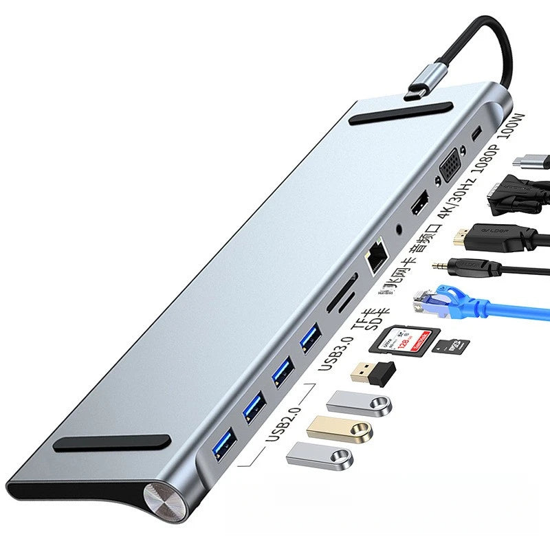 Silver 12-in-1 USB-C docking station featuring multiple ports including HDMI, USB, and SD card readers.
