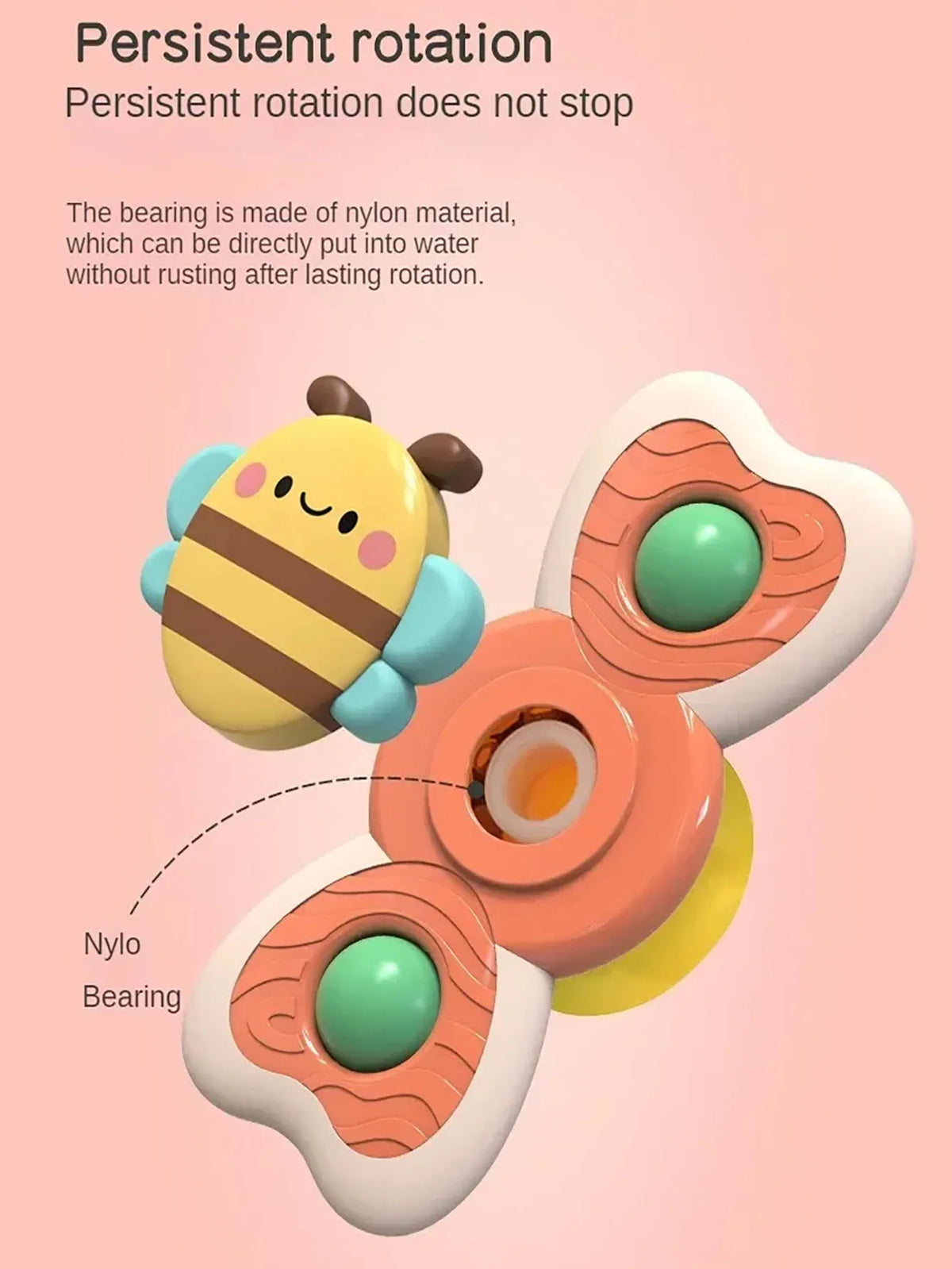 A close-up view of a plastic bee-shaped bath toy with a rotating bearing mechanism.