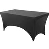 A black stretchable spandex tablecloth covering a rectangular table.