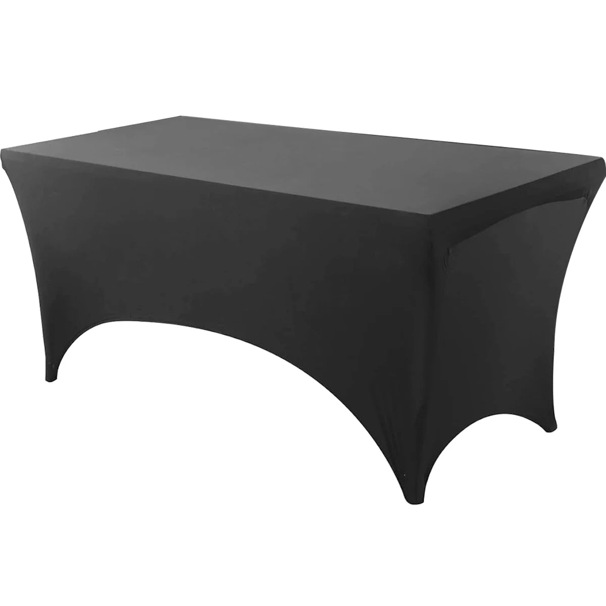 A black stretchable spandex tablecloth covering a rectangular table.