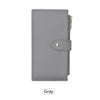A gray RFID blocking extra-large bifold wallet with a double zipper security feature.