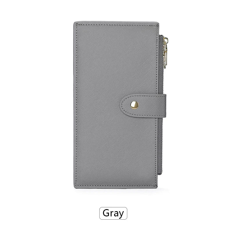 A gray RFID blocking extra-large bifold wallet with a double zipper security feature.