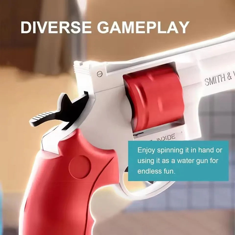 A close-up of a red mini mechanical revolver water gun being held, demonstrating diverse gameplay.