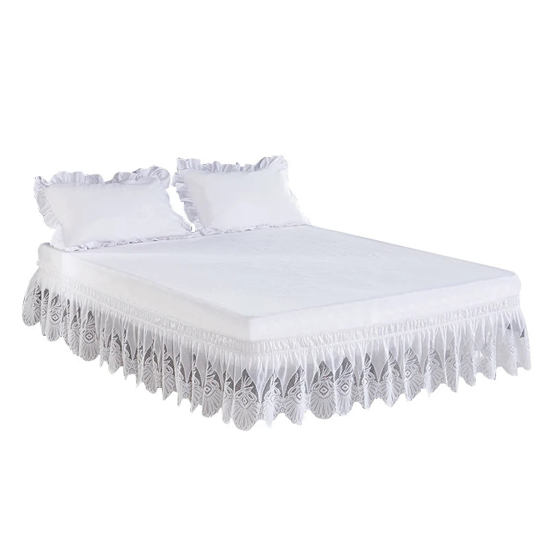 White jacquard lace bed skirt with an elastic band and a 15 inch drop