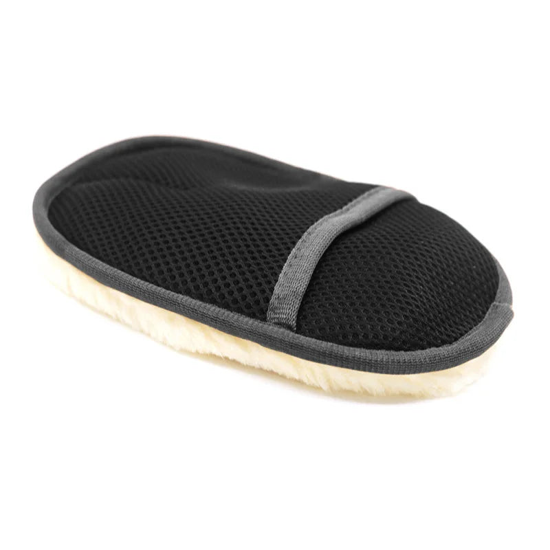 A black microfiber car wash glove with a gray strap and white fluffy trim.