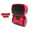 A red interactive voice-controlled robot toy with a black screen and a microphone on the front.
