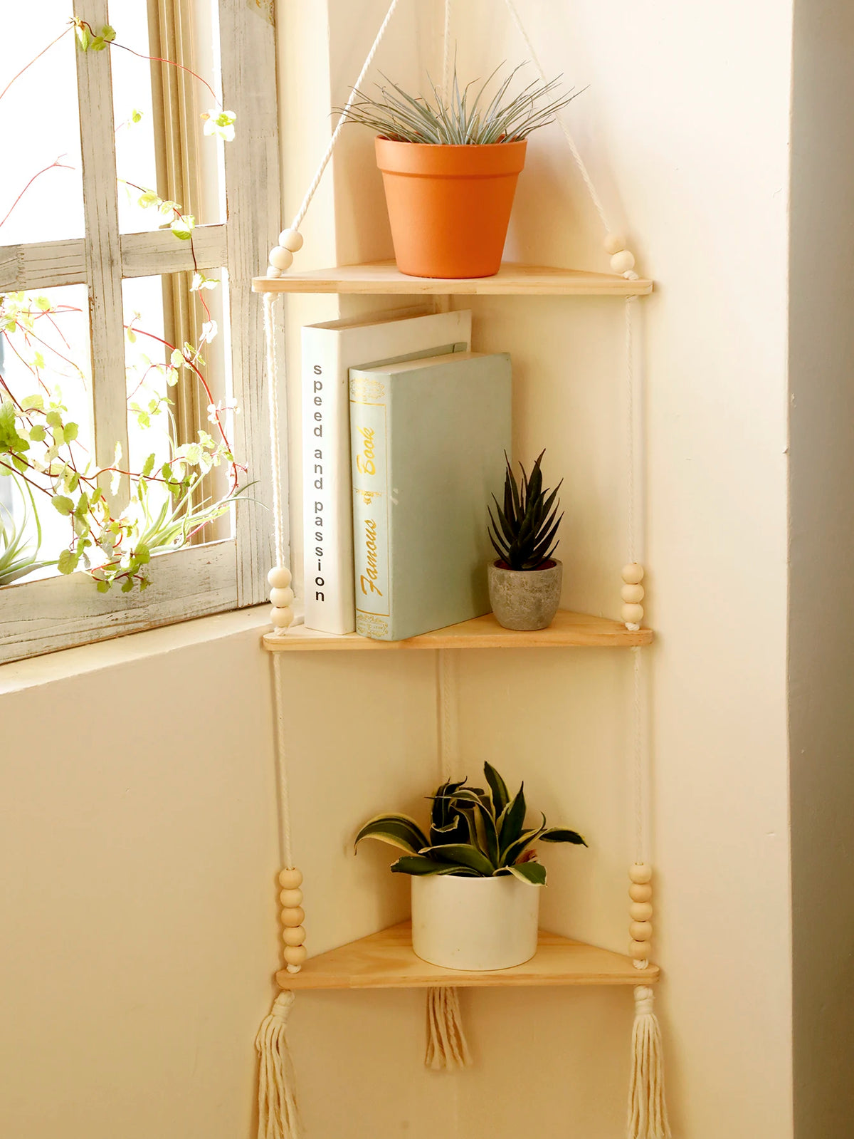 Triangle Wood Floating Wall Shelf with Macrame Rope