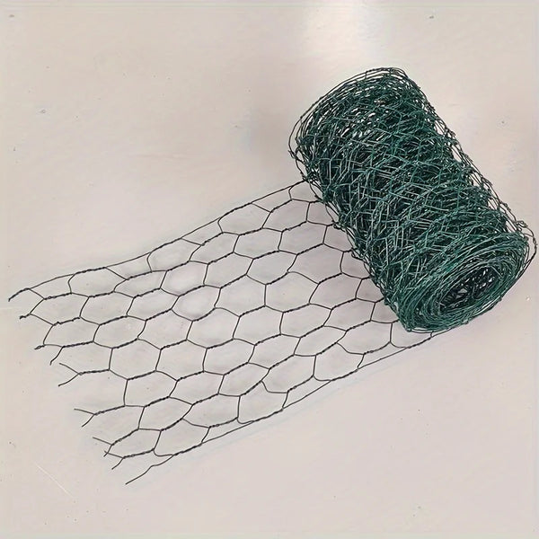 A roll of green PVC-coated hexagonal garden fencing netting laid out next to a flat piece.