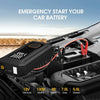 A portable car jump starter device is shown connected to a vehicle battery, with specifications like 12V, 1300 Amps, and 5.0L