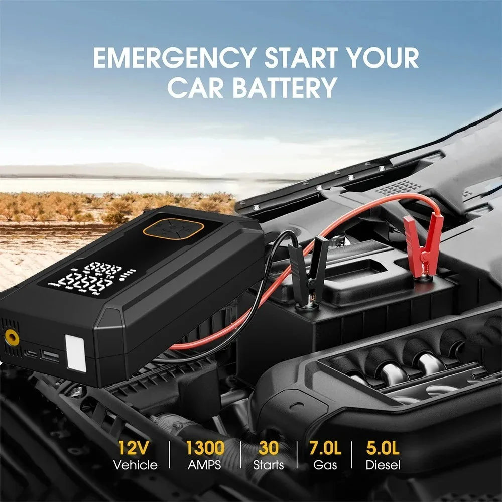A portable car jump starter device is shown connected to a vehicle battery, with specifications like 12V, 1300 Amps, and 5.0L